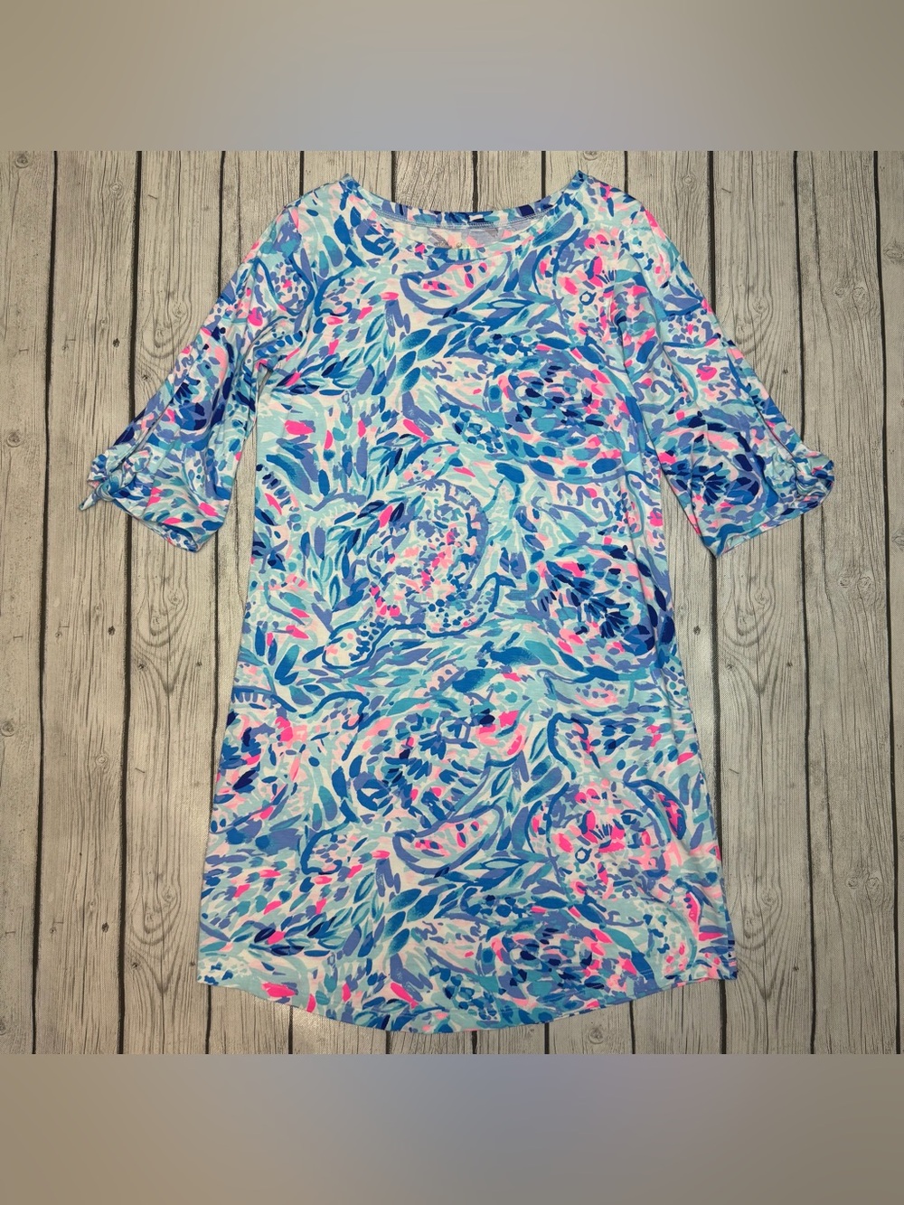 Lilly Pulitzer Women's S Preston Dress Party Wave Turtle Tie Sleeve